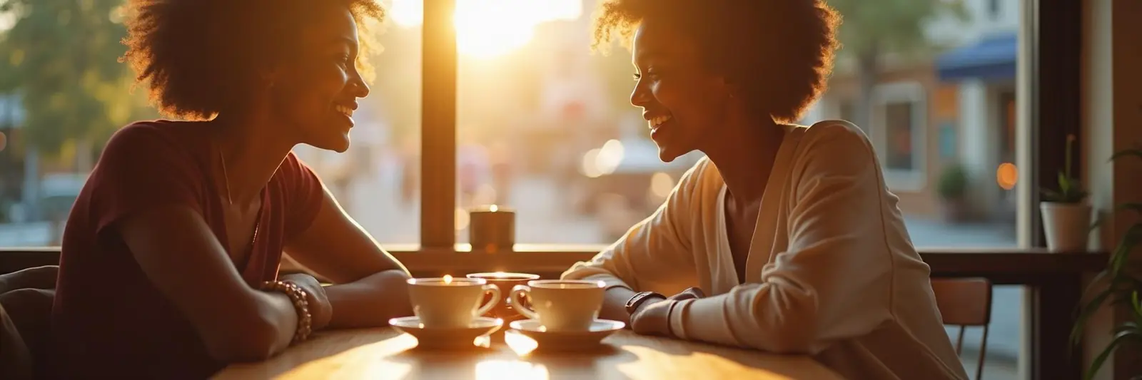 Couple enjoying coffee together at a sunlit café