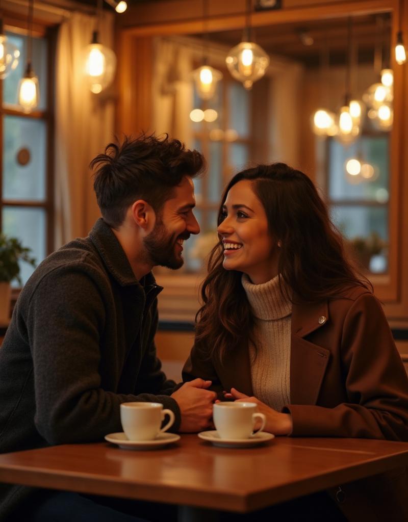 A couple having a genuine conversation over coffee at a cozy café