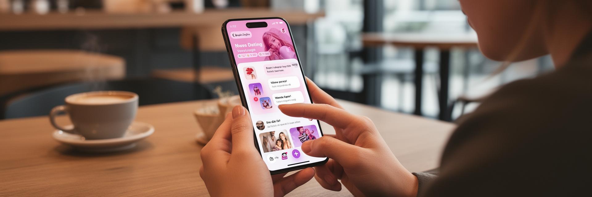 Person browsing dating apps on their phone in a café