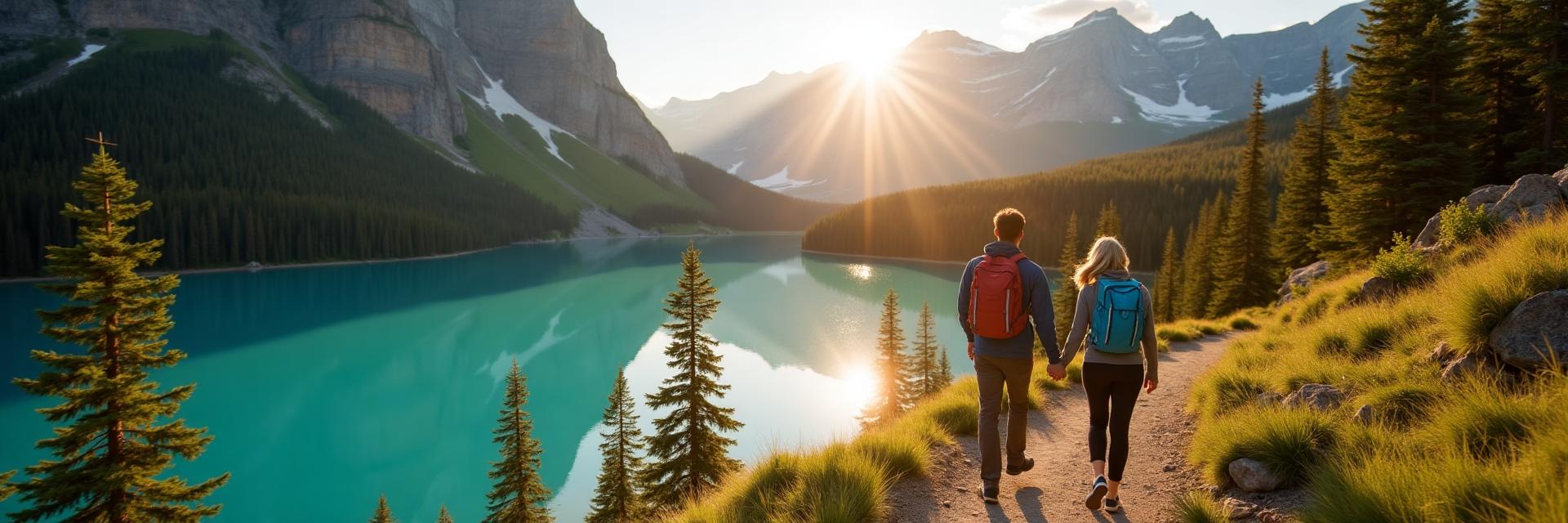 Couple walking a lakeside trail with Canadian Rocky Mountain scenery