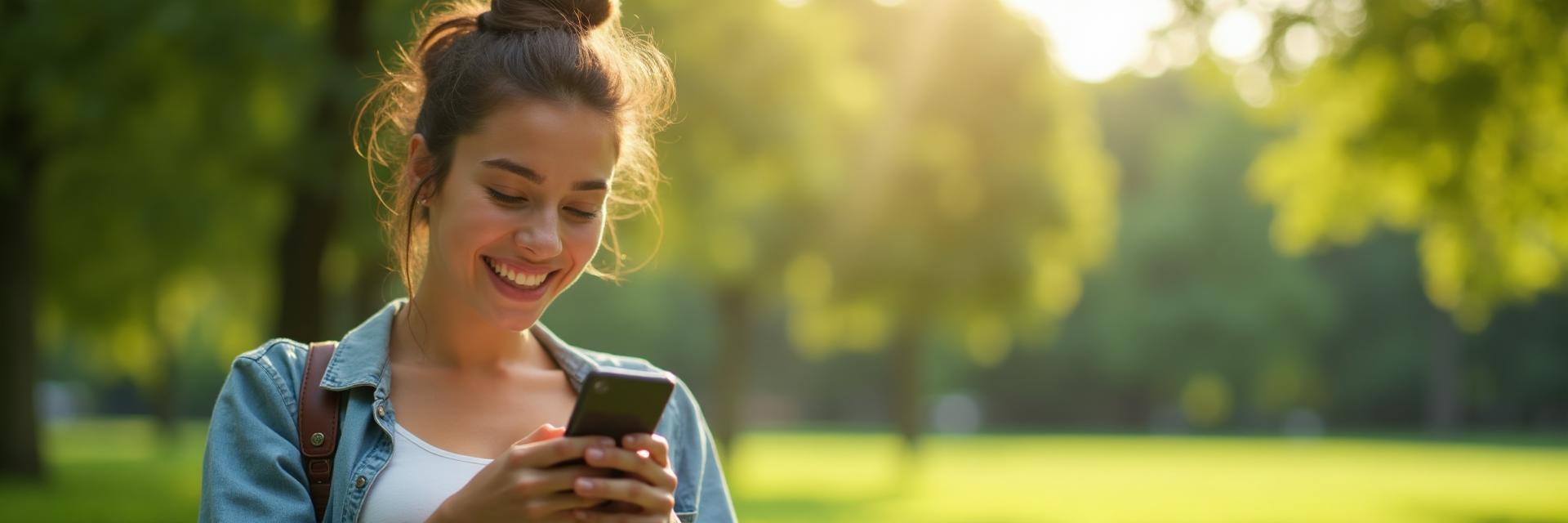 Person smiling while browsing their phone in a sunny park