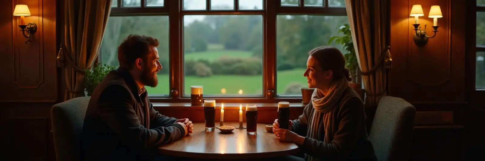 Couple at a cosy Irish pub with warm candlelight and green countryside visible through the window