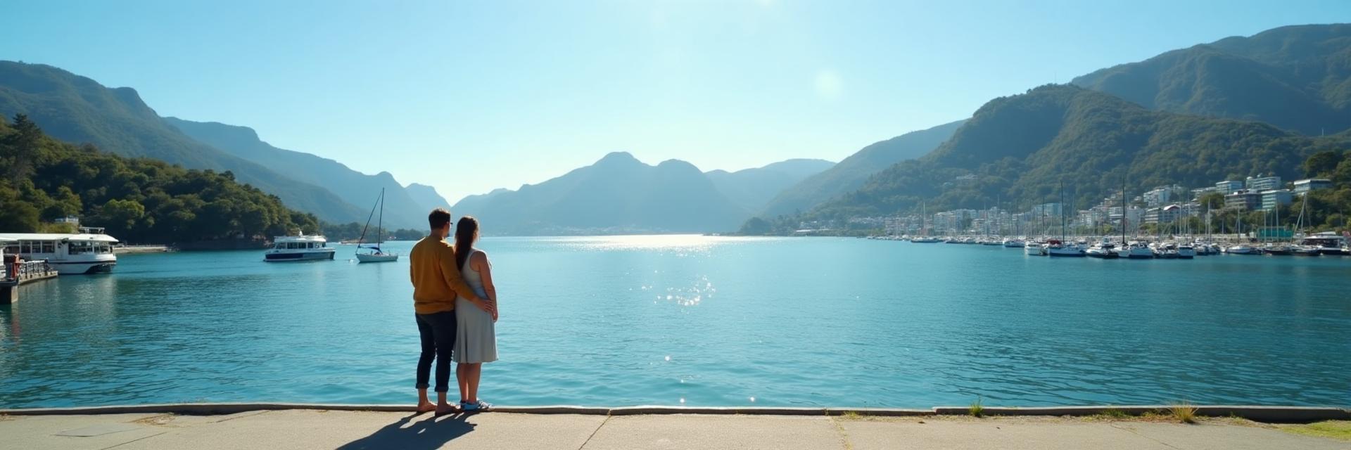 Couple at a waterfront with lush green hills and harbour in New Zealand