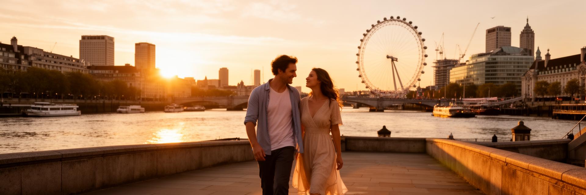 Couple walking along London's South Bank at golden hour with the Thames and cityscape behind