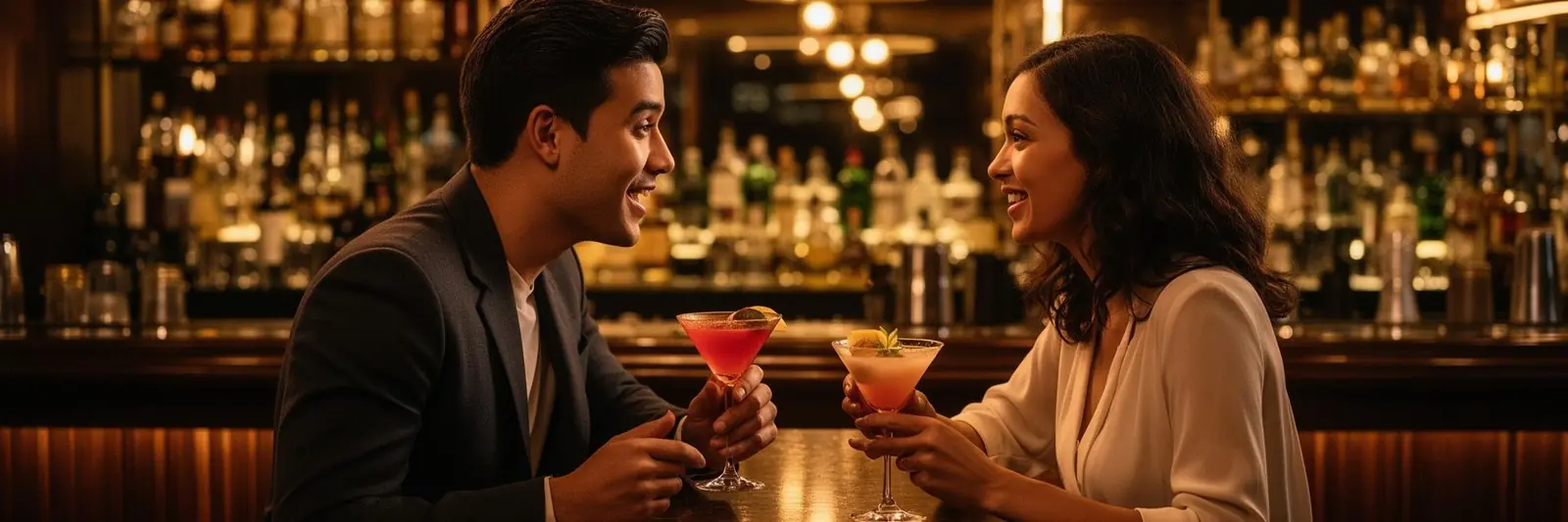 Two people in conversation at a stylish bar