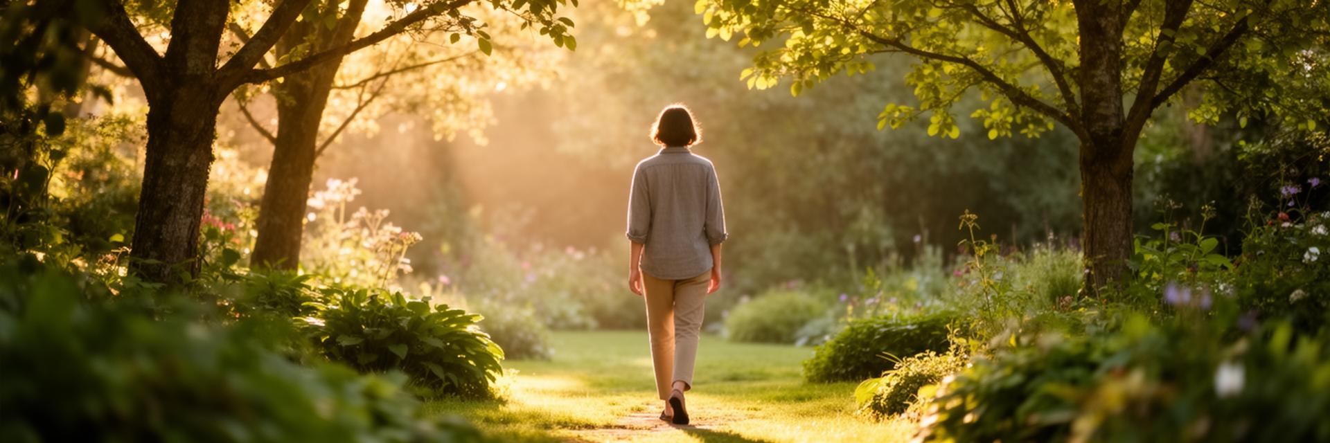 Person walking peacefully through a sunlit garden
