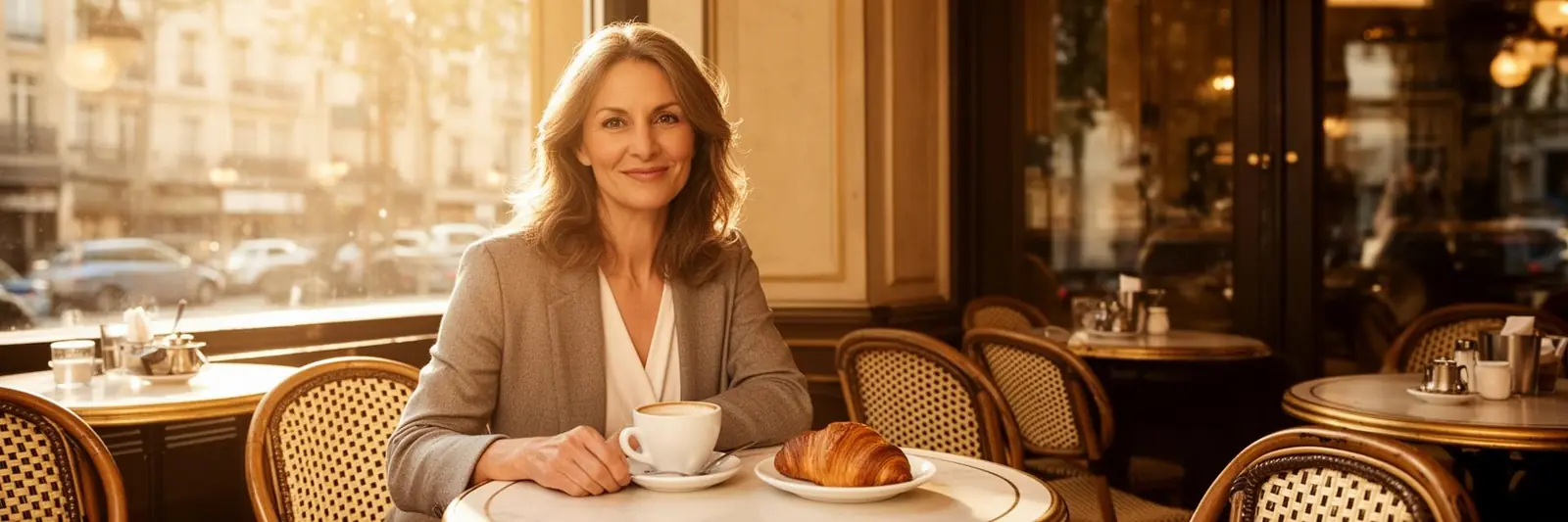 Confident woman enjoying a fresh start at a cafรฉ