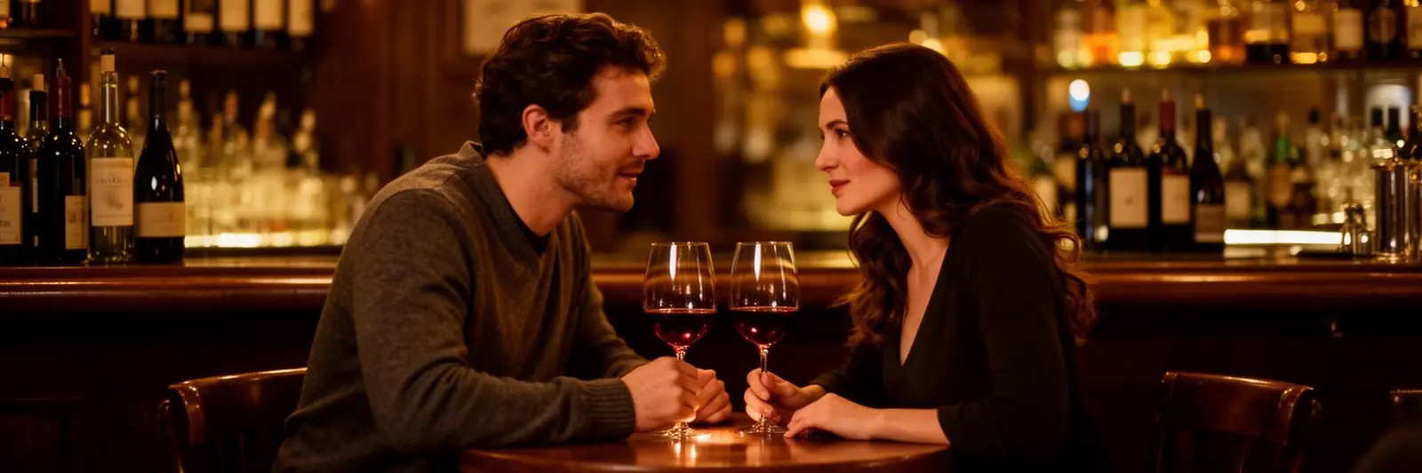 Couple enjoying a cosy date at a wine bar