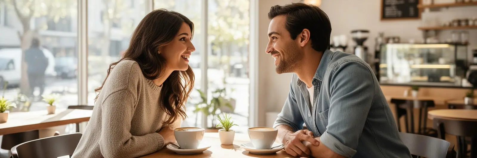 Couple on a first date at a bright café