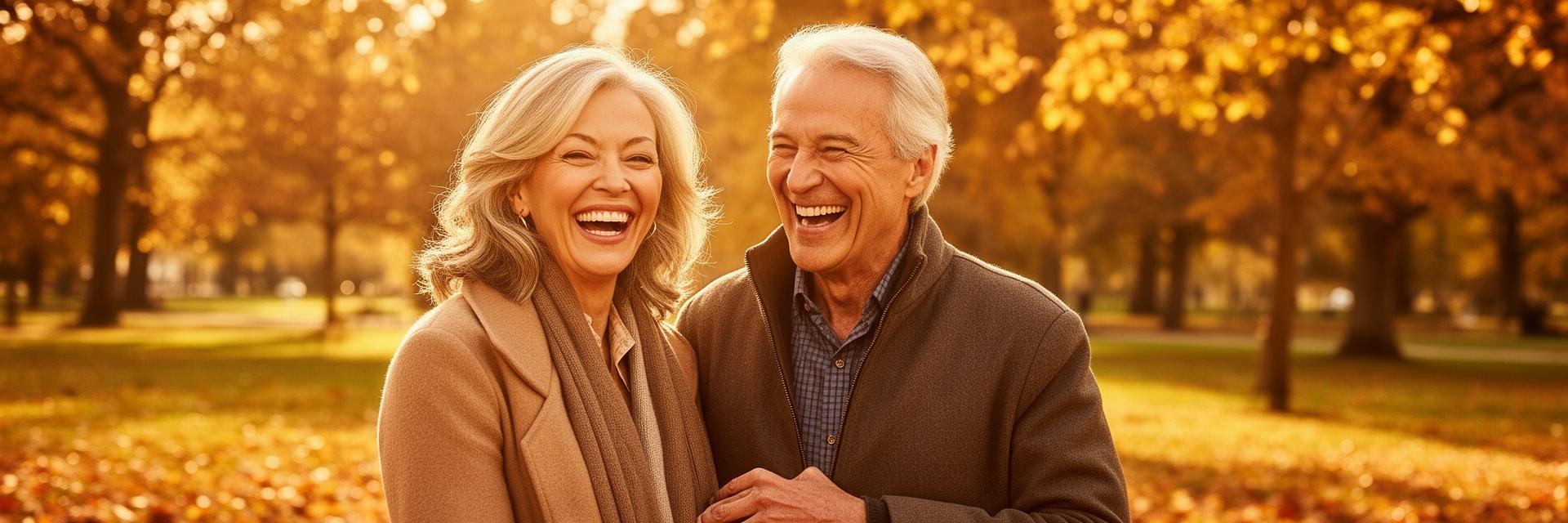 Stylish couple in their 50s laughing together outdoors