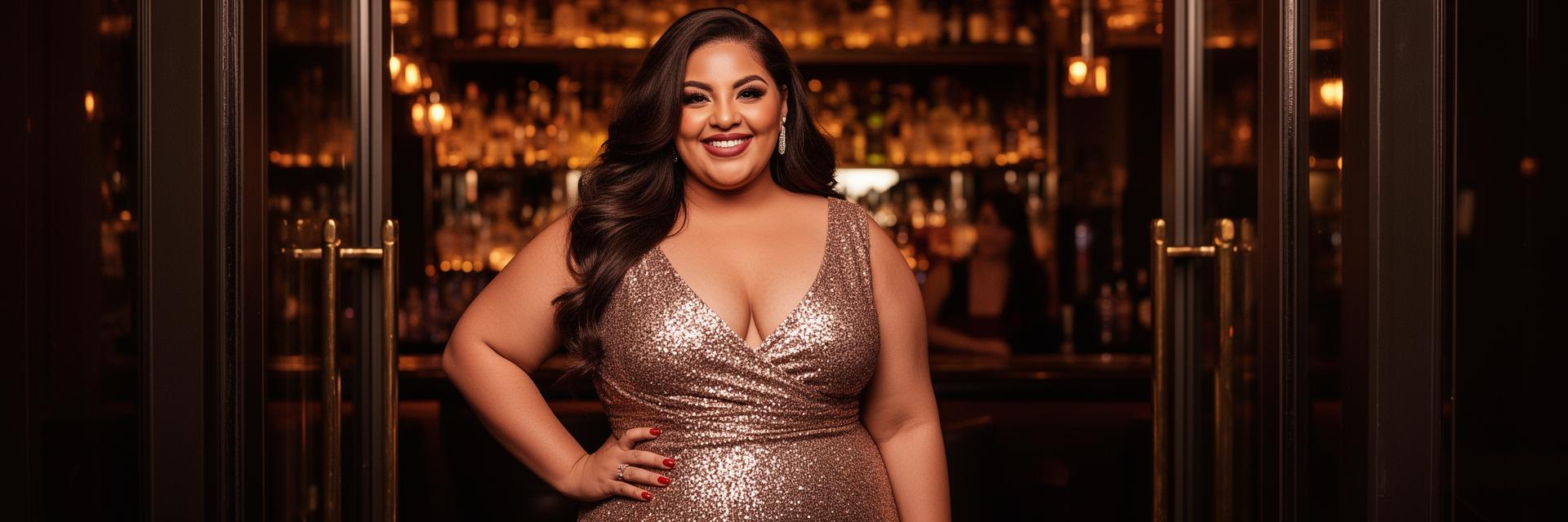 Confident plus-size woman dressed glamorously for a date night
