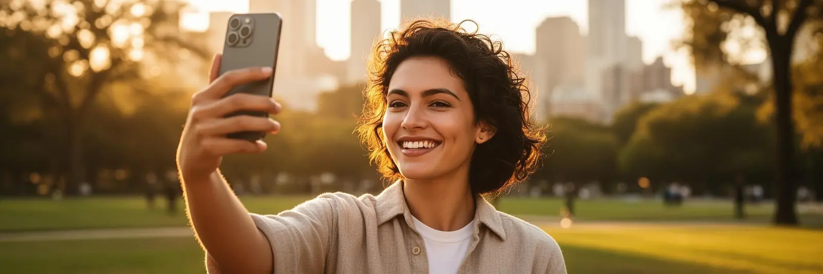 Person taking a dating profile selfie in a park