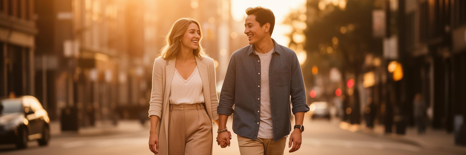 Happy couple walking together on a city street at golden hour