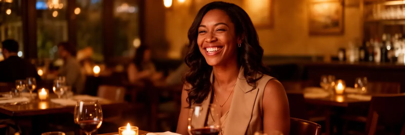 Single parent smiling warmly on a date at a restaurant