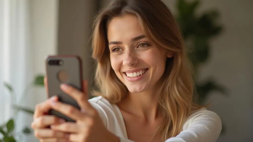 Woman smiling while taking a selfie for identity verification on her phone