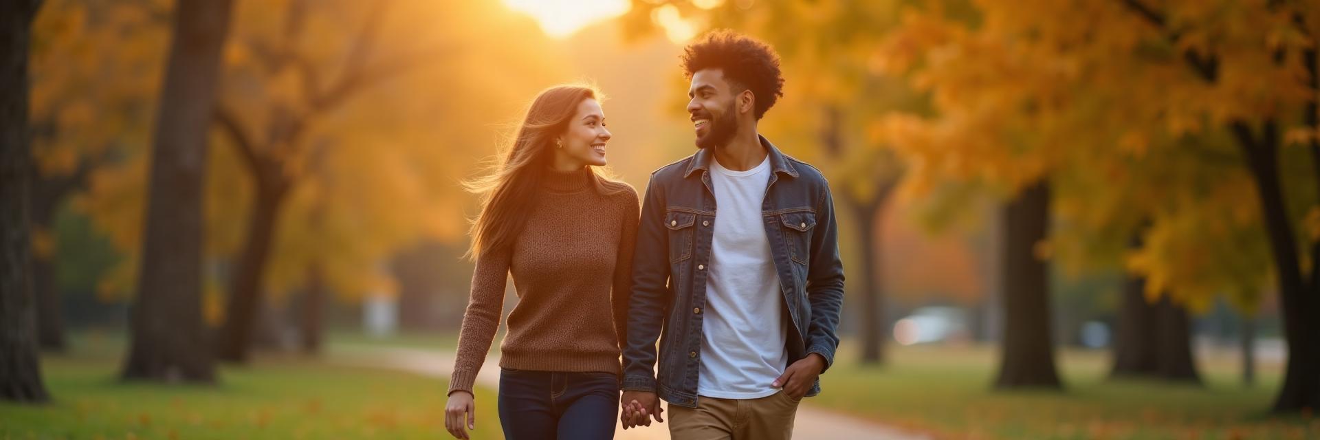 Happy couple walking together in a park at golden hour