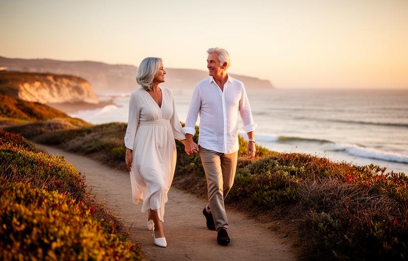 Elegant couple in their 50s walking along a coastal path at sunset