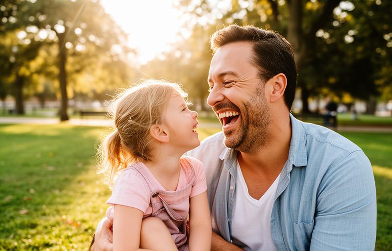 Happy father laughing with his daughter at the park