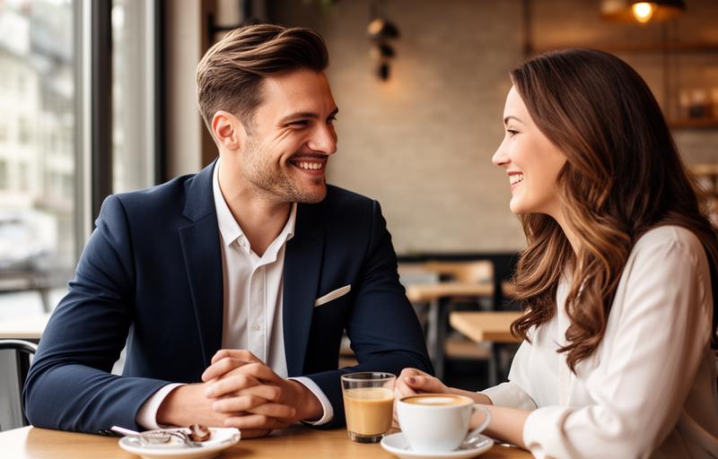 Professional couple enjoying a coffee date at a modern café