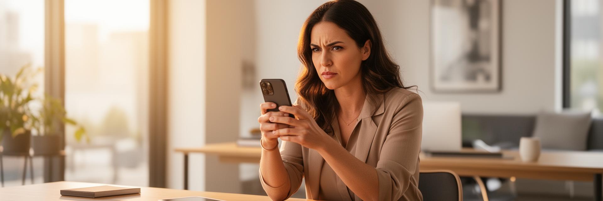 Woman reporting a suspicious dating profile on her phone