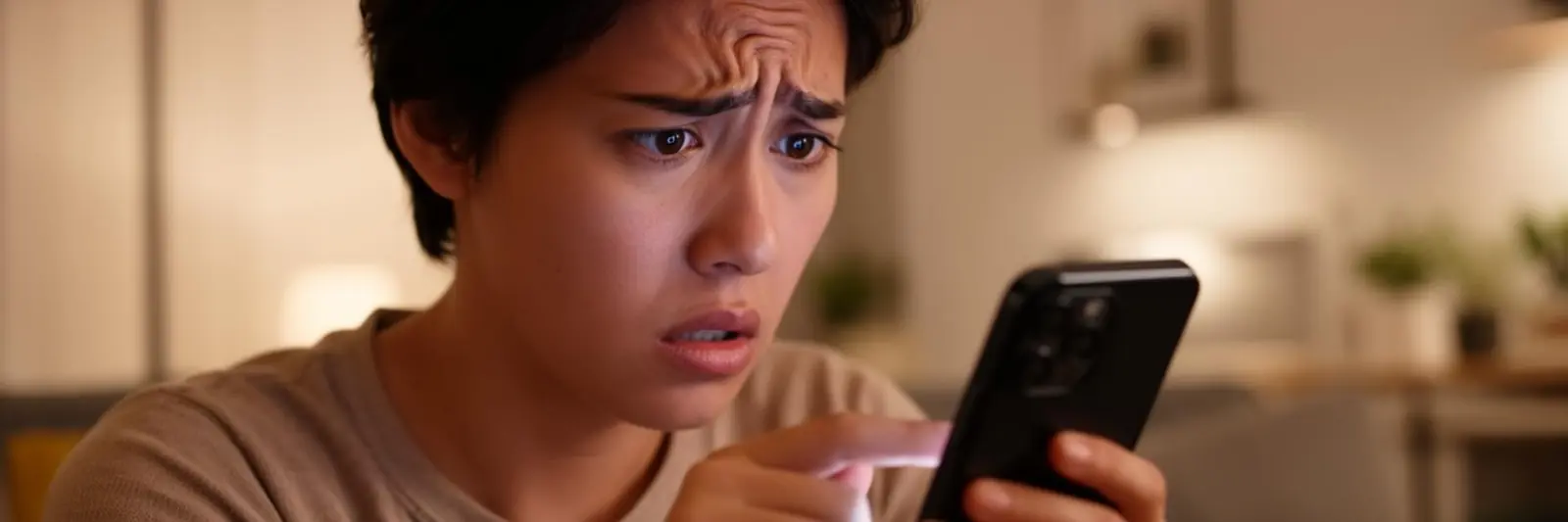 Person looking cautiously at their phone while on a date
