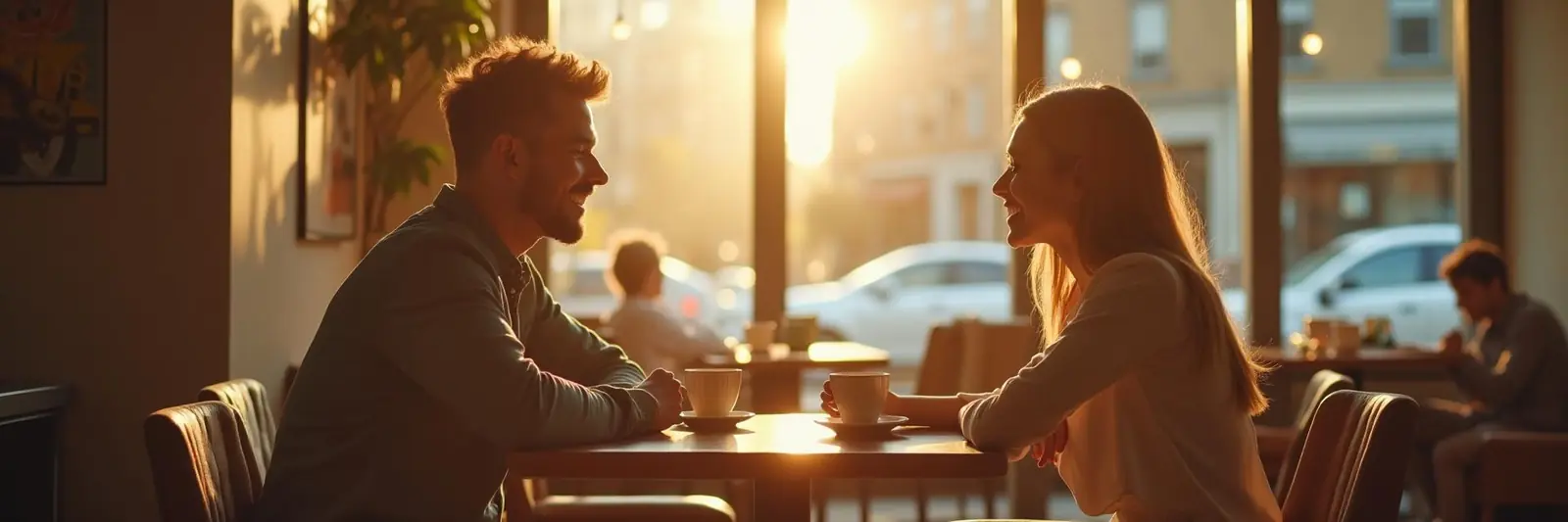 Couple meeting safely for the first time in a bright coffee shop