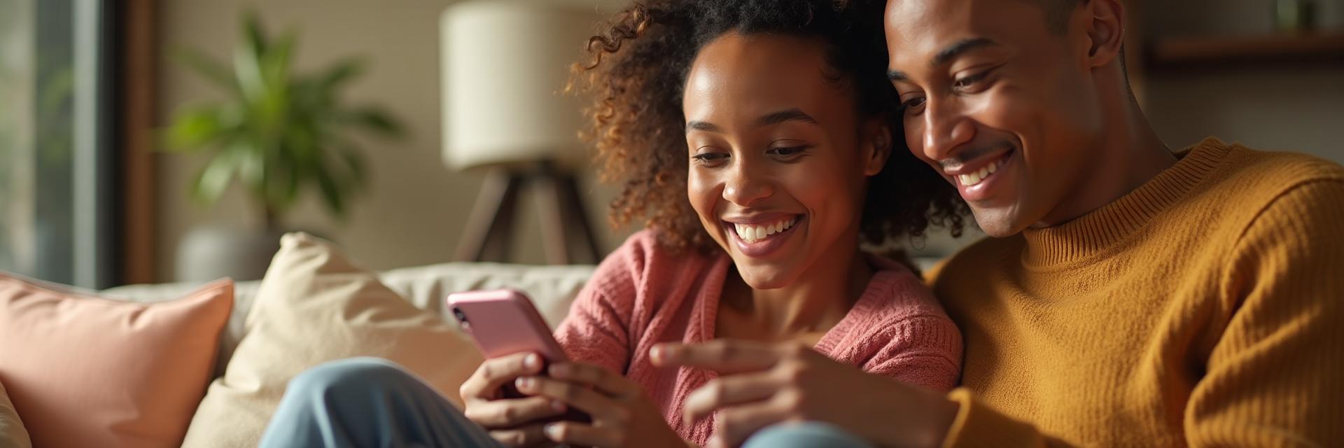 Couple looking at a phone together and smiling, feeling safe online