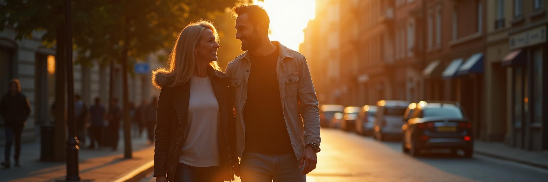 Couple walking together on a city street at golden hour, feeling safe and secure