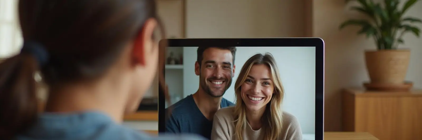 Two people on a video call smiling, verifying identity before meeting