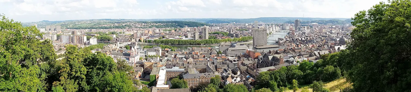 Deux personnes assises en haut d'un long escalier de pierre, avec les toits de Liège et la Meuse en contrebas