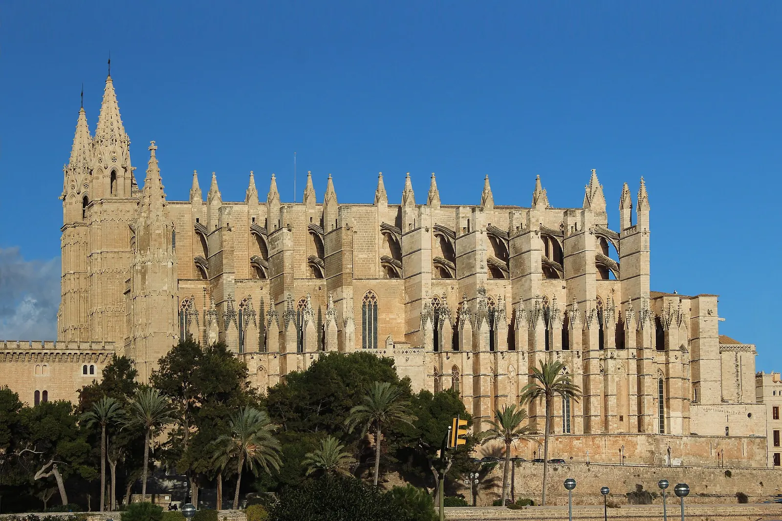 Pareja paseando por el Parc de la Mar con la catedral de Palma al fondo